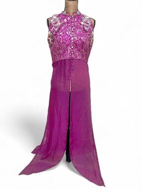 Purple Indian Embroidered Beaded Top with Sheer Split Maxi Skirt Large